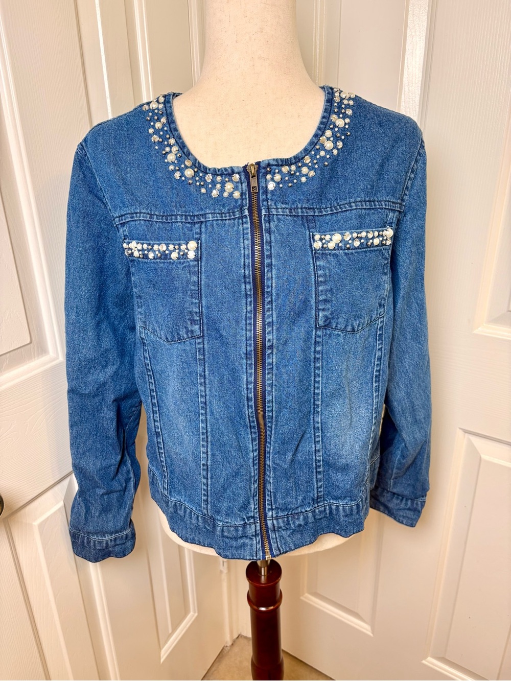 Vintage Y2K New Direction Denim Jacket Pearl Rhinestone Western Cowgirl Medium